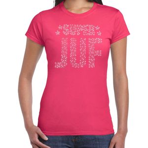 Glitter Super Juf t-shirt roze met steentjes/ rhinestones voor dames - Lerares cadeau shirts - Glitter kleding/foute party outfit XL