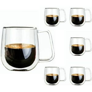 6 Stuks Dubbelwandige Glazen Mokken, Kopjes van Borosilicaatglas, voor thee, Koffie, Latte, Cappuccino, Espresso, Bier, 250 ml