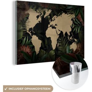 MuchoWow® Glasschilderij 180x120 cm - Schilderij acrylglas - Wereldkaart - Bladeren - Bloemen - Foto op glas - Schilderijen