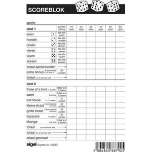 Sigel Scoreblok Expres Yahtzee - 105 x 148 mm - 100 vellen - Familiespellen - Dobbelspellen - Nederlands