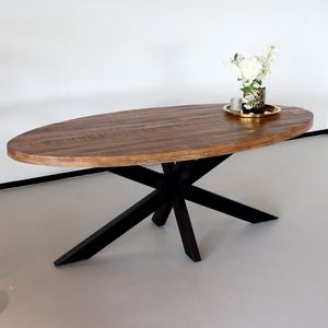 Eettafel ovaal mangohout 200cm James bruin ovale industriële tafel duurzaam mango eetkamertafel