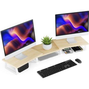Grote monitorstandaard, 2- of 3-monitorstandaard, schermverhoging met verstelbare lengte en hoek, desktop-organizer, beeldschermstandaard voor computer, laptop, printer, tv (eiken)
