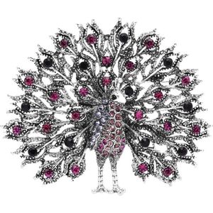 Broche Pauw Strass Paars/Roze ( Zilverkleurig) 7 x 6.2 cm