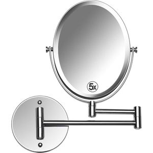 Verlengbare wandgemonteerde badkamerspiegel voor scheren en make-up - Dubbelzijdige vergroting 5X/1x met 360° rotatie - 33 cm uitschuifbare draaibare arm, ovaal 17 x 22 cm (gepolijst