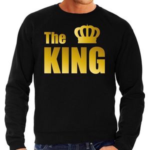 The king sweater / trui zwart met gouden letters en kroon voor heren - Koningsdag  geschenk - bruiloft / huwelijk  truien / sweaters voor koppels L