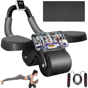 Automatisch Rebound Buikspierwiel met Elleboogsteun - Fitness Abs-Trainer met Timer en Telefoonhouder - Zwart