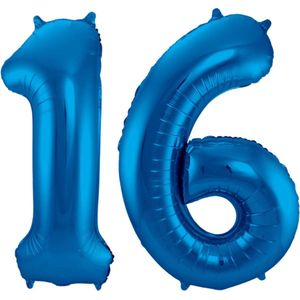 Ballon Cijfer 16 Jaar Blauw 70Cm Verjaardag Feestversiering Met Rietje
