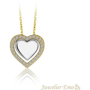 Juwelier Emo - 14 Karaat Bicolor Gouden Ketting Hartje met Zirkonia's - Ketting met hanger - 45 CM