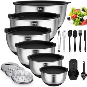 Unyqoos ® Complete Keukenmengkommen Set van 6 Stuks met Deksel, Siliconen Bodem en Raspopzetstukken