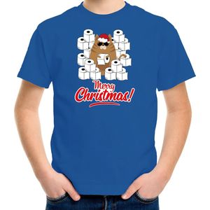 Fout Kerstshirt / Kerst t-shirt met hamsterende kat Merry Christmas blauw voor kinderen- Kerstkleding / Christmas outfit 140/152