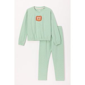 Woody pyjama meisjes/dames - lichtroze/groen gestreept - leeuw - 241-10-PZB-Z/912 - maat 152