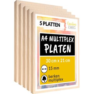 Creative Deco 5 x A4 multiplex plaat 15mm | 300 x 210 mm | berken multiplex laser-geschikt dun hout blanks | perfecte plaat voor lasergraveren, lasersnijden, fretwork, pyrografie, CNC router