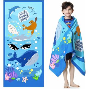 Strandhanddoek voor kinderen, 70 x 150 cm, handdoek, badhanddoek, douchehanddoek voor meisjes en jongens, microvezel, zacht, ultra absorberend, zwemmen, stranddeken, blauw, zeedieren