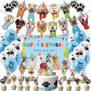 Hond verjaardagsfeestje decoratie set/hond gezicht pull vlag/hond pootafdruk ballon/hond bone cake insert kaart en vlag