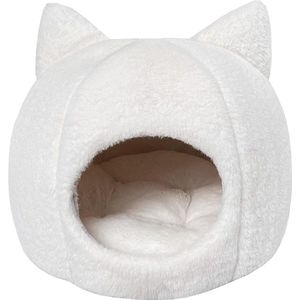 Kattenmand Opvouwbare Iglu Kattenmand voor Katten of Kleine Honden - Zacht Pluizig Kunstbont - Kattenoren - Wit - 38 x 38 x 35 cm