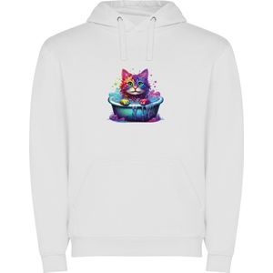 Witte unisex hoodie met “ Kleurrijke kat in bad“ Print Full merk Roly maat 128 7/8 jaar