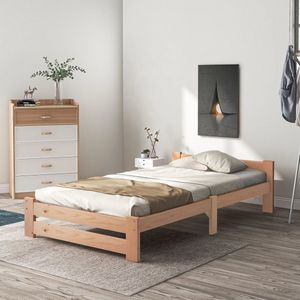 Massief massief houten bed - futonbed massief hout - met hoofdeinde en lattenbodem - natuurlijke kleur (200x90cm)
