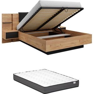 Bed met opbergruimte en nachtkastjes – 160 x 200 cm – Ledverlichting – houtlook en antraciet – Met matras — ELYNIA L 256.4 cm x H 104.4 cm x D 210 cm