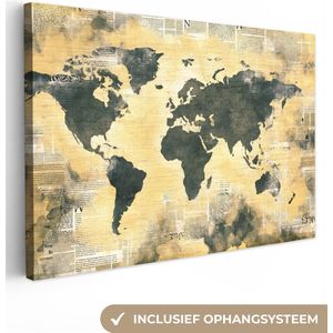 Canvas Wereldkaart - 90x60 - Wanddecoratie Wereldkaart - Gouden - Kranten