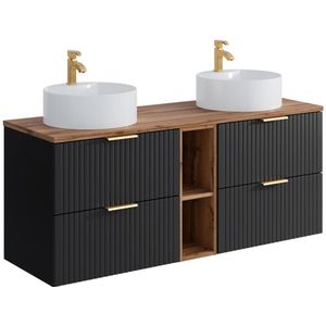 Vente-unique Geribbeld hangmeubel met nissen en ronde opbouwwastafel - Zwart en licht naturel - L140 cm - ZEVARA