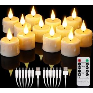 Gezellige LED-Kaarsen Oplaadbare Theelichtjes 12 Stuks Afstandsbediening 4-6-uurs Timer Oplaadbaar Vlamloos Flikkerende LED-Kaarsen USB-Kabel 3D-Siliconen Lont Warm Wit Licht