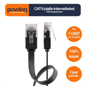Powteq - Platte internetkabel - 5 meter - 1 Gbit - 100% koperen kern - Zwart - Internetkabel voor achter de plint/onder het laminaat