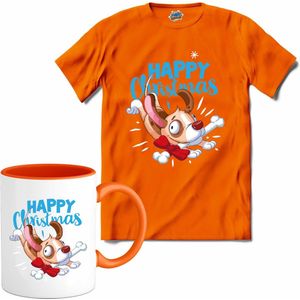 Happy christmas - T-Shirt met mok - Meisjes - Oranje - Maat 12 jaar
