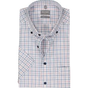 OLYMP comfort fit overhemd - korte mouw - popeline - wit met lichtblauw en roze geruit - Strijkvrij - Boordmaat: 45