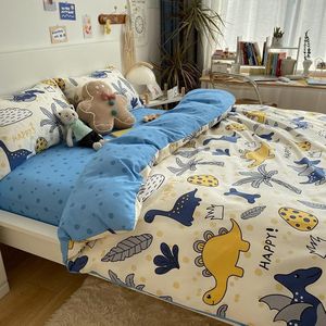 Babybeddengoed, 100 x 135 cm, dinosaurus, beddengoed, kinderen, cartoon, dekbedovertrek, dino-patroon, geel, blauw, omkeerbaar beddengoed, katoen, meisjes, jongeren, cartoon, dino, beddengoed met kussensloop 40 x 60 cm