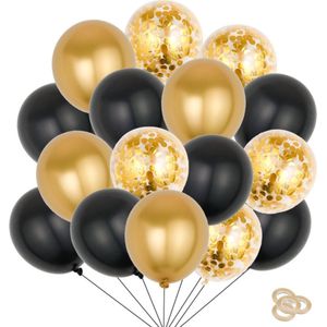 Fienosa Glitter and Glamour Ballonnen 50 Stuks - Ballonnen Goud - Ballonnen Zwart - Verjaardag Versiering - Verjaardag Ballonnen - Ballon - met ophang lint - Papieren Confetti in de Ballonnen - Feestversiering
