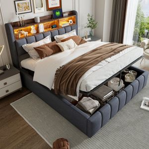 Learnlogic polsterbed, 180x200 cm, met LED-verlichting en USB-stopcontact, hoofdeinde met inlegplaten en opbergruimte, met hydraulische opbergruimte, volwassenenbed, dubbelbed, linnen grijs