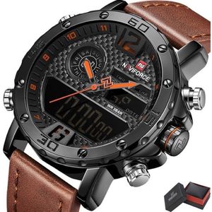 Naviforce® Horloges voor Mannen Digitale Herenhorloge Jongens Heren – Valentijn Cadeautje voor Hem – Digitaal & Analoog Horloge Watch �– Horlogebox Geschenkdoos – Bruin Oranje