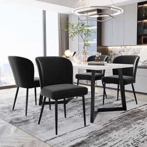 Sweiko Eettafel set, 117x68x75cm eettafel met 4 stoelen, moderne keuken eettafel set, zwart fluweel eetkamerstoelen, kussen stoel ontwerp met rugleuning, wit MDF tafelblad, zwarte tafelpoten