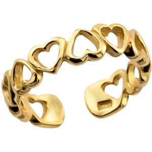 Zilveren teenring vrouw | Gold plated ring, opengewerkte hartjes