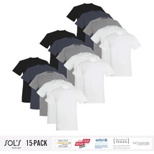 15 Pack Sol's Heren T-Shirt 100% biologisch katoen Ronde hals Zwart, Donker Grijs, Grijs / Lichtgrijs gemeleerd, wit Maat XL