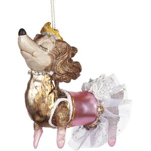 Viv! Christmas Kerstornament - Ballerina Prinses Hond - glas - bruin roze goud - 13cm