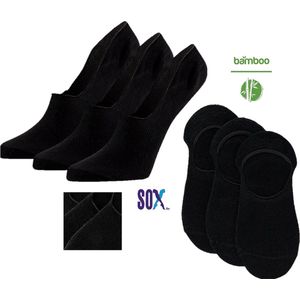 SOX Bamboe No-show Sneakersokken of Kousenvoetjes Zwart 3 PACK Multipack Unisex Maat 35/38 zonder teennaad met silicone op de hiel