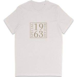 T Shirt Geboortedatum 1963 Print - Heren en Dames - Tekst Speciale Uitgave - Wit (Vintage) Maat L