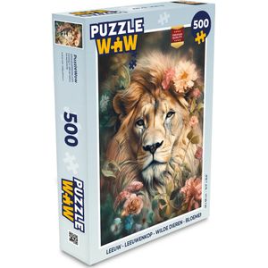 Puzzel Leeuw - Leeuwenkop - Wilde dieren - Bloemen - Legpuzzel - Puzzel 500 stukjes