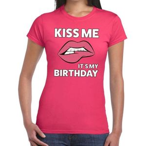 Kiss me Its my Birthday t-shirt roze dames - feest shirts dames - verjaardag kleding M