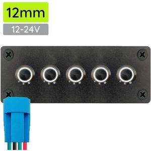 ProRide Metalen Pulsschakelaar 12-24V OFF-(ON) - Vijfvoudig Inbouwpaneel - 12mm - IP67 - LED indicatie Wit