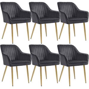 Rootz Eetkamerstoel - Stoel - Set Van 6 Eetkamerstoel - Stoelen Voor Eetkamer - Metalen Poten/Houten Blad/Fluwelen/Schuimvulling - Grijs-Goud - 62.5 x 60 x 85 cm