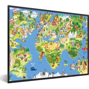 Poster in fotolijst kind - Kinderkamer decoratie - Wereldkaart - Kinderen - Natuur - Dieren - Blauw - Groen - Decoratie voor kinderkamers - 40x30 cm - Poster kinderkamer