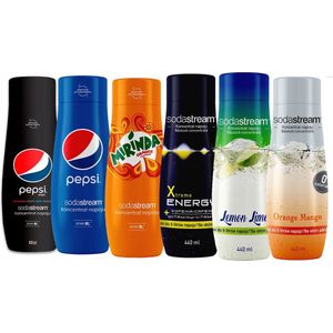 SodaStream Heerlijke Siropen Smakenmix - 6 x 440 ml - Pepsi , Mirinda , Energy , Lemon Lime , Orange Mango