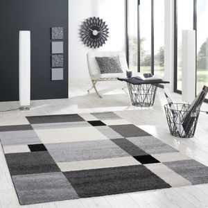 Flycarpets Bonna Geblokt Vloerkleed - Grijs / Antraciet - Laagpolig Tapijt Woonkamer - 120x170 cm