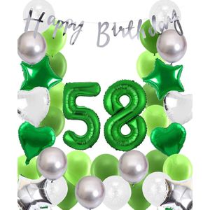 Snoes Ballonnen 58 Jaar Wit Groen Zilver Mega Ballon - Compleet Feestpakket 58 Jaar - Verjaardag Versiering Slinger Happy Birthday – Folieballon – Latex Ballonnen - Helium Ballonnen