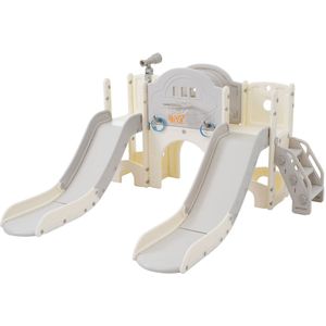 Kinder Glijbaan Klim Speelgoed 8-in-1 Multifunctionele Speelgoed Set met 2 Aparte Glijbanen, Klimmen Tunnelspel Opbergruimte Speelgang Basketbalring Touwspel Verrekijker 200x165x95 cm Grijs+Wit