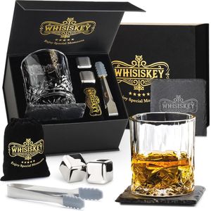 Luxe Whiskey Cadeau Set - Inclusief Whisky Glas, Whiskey Stones, Onderzetter, Fluwelen Opbergzak en Opbergbox - Herbruikbare IJsklonten
