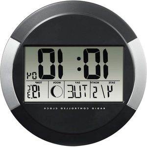 Digitale wandklok met temperatuurweergave en maanfasen - DCF radioklok met datum en thermometer - om neer te zetten of op te hangen - diameter 17 cm - zilver/zwart Wandklok