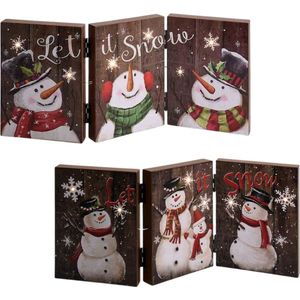 Cheqo® Kerstdecoratie Sneeuwpop - Lichtgevend Drieluik - Kerstverlichting - Kerstdeco - Houten Decoratie met Licht